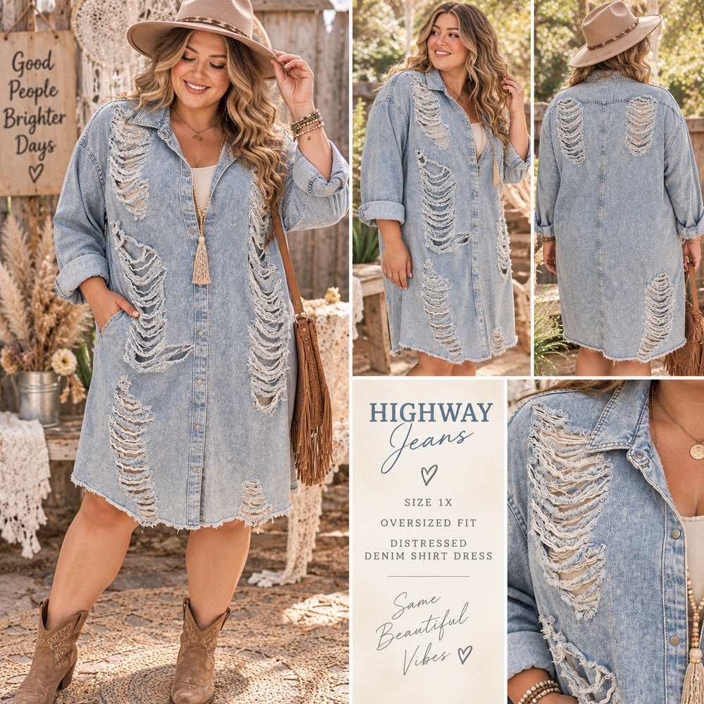 Highway Jeans Distressed Denim Shirt Dress Size 1X Oversized Boho Grunge Shacket